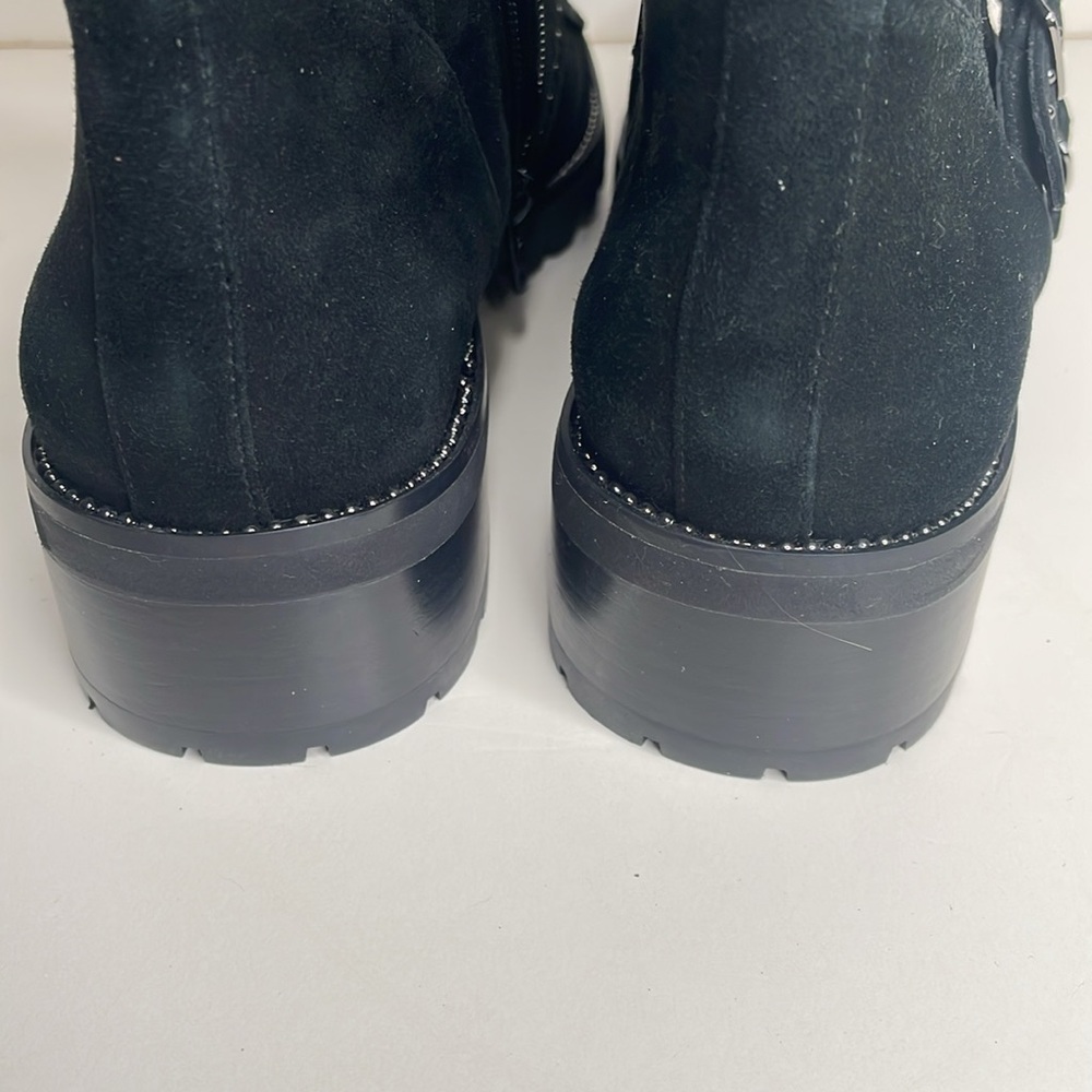 Vaneli M black suede leather kiltie ankle boot with silver toned studs, size 8N - Picture 4 of 11